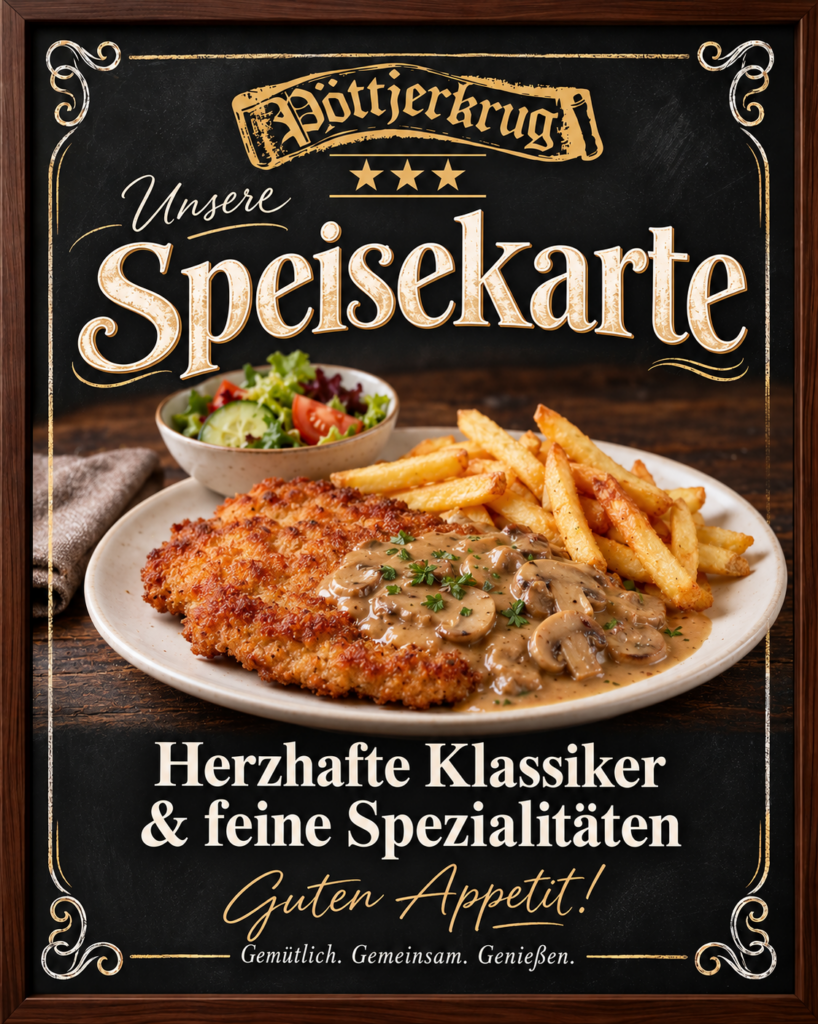 Rustikale Pöttjerkrug-Speisekarte mit Schnitzel